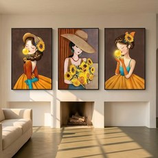 다루미 해바라기 행운이 들어오는 그림 사진 액자, 해바라기소녀, 3개, 블랙