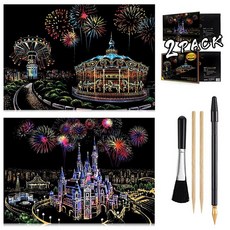 성인 및 청소년을 위한 스크래치 페인팅 키트 공예 아트 세트 무지개 스크래치 아트 페인팅 종이 스케치 DIY 야경 스크래치보드 40.6 x 29.9cm(16 x 11.2, 성 / 놀이 공원