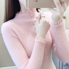 아이엠몽 여성 반폴라 레이스 슬림 니트 티셔츠