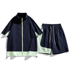 夏季冰感速乾防曬套裝男 拼色防曬衣五分褲兩件式 戶外防紫外線寬鬆