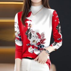 VVRR 여성 하이넥 플라워 프린트 긴팔 캐주얼 티셔츠 B0082933 B