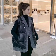 優選大碼夾棉馬甲女 大碼假兩件拼接棉馬甲 2022新款胖mm保暖馬夾外套