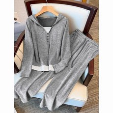 潮流時尚假兩件休閒上衣闊腿褲套裝寬鬆慵懶氣質秋季女裝遮肉運動