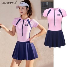 HANZIFEN 運動游泳衣 女款連體保守泳裝, 粉色E86
