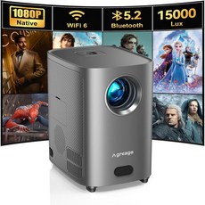 일렉트릭 포커스 WiFi 및 블루투스 프로젝터 네이티브 1080P 15000루멘 4K 지원 홈 시어터용 아그레고 야외 영화 프로젝터 최대 300인치 iOS안드로이드TV Stic, Gray