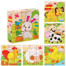 Baby Wooden Blocks Toys Children Six Cube Jigsaw Puzzles Game Animal Fruit Traffic Cognize Early Lea, 09 Farm Animals