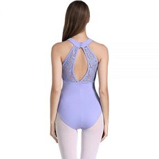 Limiles 여성용 홀터넥 바디수트 키홀 백 체조 발레 댄스 레오타드 상의 댄스웨어 의상 라벤더 레이스 라지
