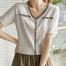 YAPOGI 여성 여름 브이넥 니트 반팔 오버핏 캐주얼 상쾌한 반팔티