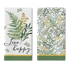 Croar 펀 프린트 라이브 해피 키친 접시 타월 2개 세트 녹색 잎 식물 건조 핸드 베이킹 요리 천 봄 여름 욕실 홈 데코 45.7 x 66cm(18 26인치)