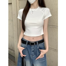 봄여름 슬림핏 라글란 라운드넥 세련된 크롭탑 슬림핏 반팔 티셔츠