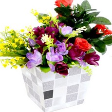 세영마켓 체크무늬 엔틱 인테리어 조화 화분 인조식물화분, 브라운 - 소