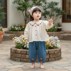 몽실이 베리 블라우스 여아 상하복 유아복 아동복 여아 외출복 피크닉 봄 가을 간절기 데님팬츠