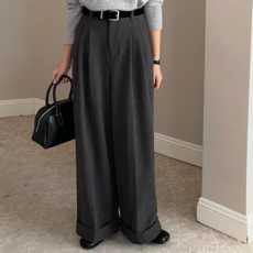 [SML사이즈#울함유]여성 울 팬츠 슬랙스 와이드팬츠 핀턱 바지 빅사이즈 겨울 하객룩