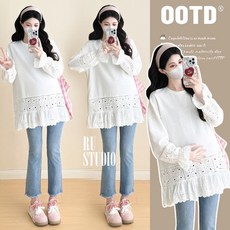 OOTD 孕婦襯衣 繡花鏤空拼接中長款上衣