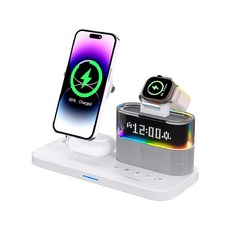 多功能無線充電座，適用於手機、手錶、耳機，具備鬧鐘、音響、夜燈功能, 白色, 1個