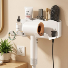 피앤에스 무타공 드라이기 거치대 욕실 벽걸이 접착식 선정리, 화이트, 1개