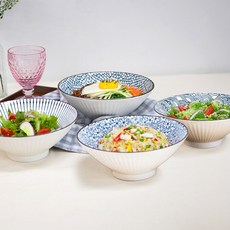 일본풍 덮밥 라면 냉면기 도자기 4p세트, 1개, 스트라이프+안개꽃+나뭇잎+파도
