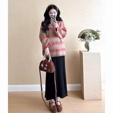 봄 가을 임산부 세트 캐주얼 임부복 루즈핏 스트라이프 니트 + 나시 롱 원피스 투피스 세트 기질 임부옷 WXY