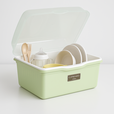 다잇즈 간편한조립 뚜껑바구니 이유식 식기 보관함 수저통포함, 1개, 그린 대형, 1단
