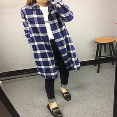 여성 기모 체크 무늬 재킷 형 롱 셔츠