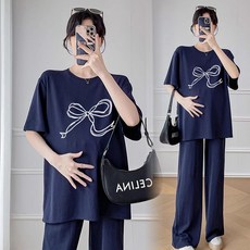 패션 임부복 상하의 세트 봄 여름 루즈핏 임산부 얇은 상의 + 와이드 바지 캐주얼 프린트 스포츠 투피스 WMY