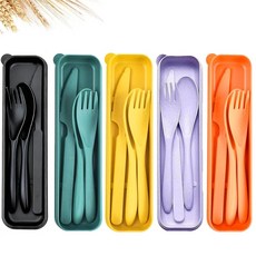 여행 기구 세트 - 재사용 가능한 밀짚 플라스틱 커틀러리 5세트 케이스 휴대용 포크 스푼 및 나이프 세트 친환경 BPA 프리 매일 사용 (다크 그린 오렌지 옐로우 퍼, 블루, 딥 블루, 옐로우, 퍼플, 블랙