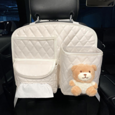 汽車座椅後背收納袋 可愛車載掛袋, 奶茶熊-米白色置物袋（送防水內桶+垃圾袋）