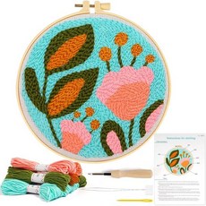KESTAR 펀치 바늘 자수 스타터 키트 성인용 튤립 꽃 지침 실타래 원단 실과 후프가 포함된 도구, Pink Flower