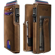 Miyozi 남성용 지갑 머니 클립 동전 포켓 ID 창 슬림 프론트 RFID 차단 팝업 카드 홀더 9.9cm x 6.9cm(3.9인치 2.7인치) 선물 상자 포장 Red Bri