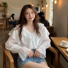 여성 여자 프릴 브이넥 블라우스 레이스 셔링 청순 여리