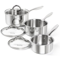 미켈란젤로 소스팬 세트 6개 뚜껑 있는 스테인리스 스틸 18개/10개 3겹 바닥 소스포트 논스틱 인덕션 호환 1QT 2QT 3QT, Full Tri Ply, 1 2 3QT