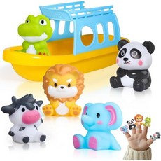 구연동화 인형 동물 손인형 오리에이트 목욕 장난감 세트 1세 이상 BPA 프리 보트가 장착된 5PCS 곰팡이 없 실리콘 손가락 몬테소리 감각 학습용 수영장 욕조 비치 어린이 위, Wildlife Wonders