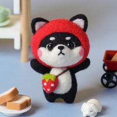 柴犬羊毛氈材料包 手作DIY 美勞配件, 1個, W9 黑柴草莓 (附贈工具配件)