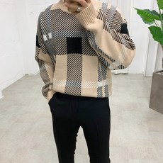 Street J 拼色格紋長袖針織毛衣