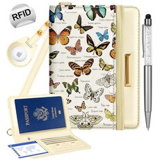 Slohif 여행용 아동용 여권 홀더 커버 지갑 케이스 - 가죽 레터 책 가족 다양한 맞춤형 오거나이저 카드 슬롯 프로텍터 슬리브 에어 태그 핸들 스트랩 베이지. 버터플라이