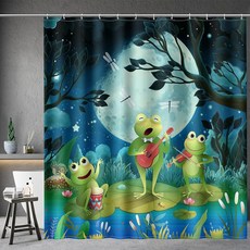 Aimego 재미있는 샤워 커튼 바다의 파도에 삼지창 화살을 타고 있는 용감한 고양이 고래 고양이 세트 욕실 장식 액세서리 욕조 커튼 182.9cm x 182.9cm(72, 초록색 재미있는 개구리