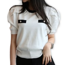 메리앤유 셔링퍼프소매 포켓배색디테일 라운드넥 여름니트