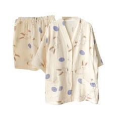 모유 수유 잠옷 원피스 파자마 임부복 여성 수유복 반소매 크레페 V넥 돌 토끼 M (90-105 캐티)