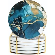 세라믹 흡수성 컵받침 6개 세트 홀더 포함 커피 테이블용 대리석 음료 컵받침 수분 흡수 스톤 컵받침 (임프레션), Teal