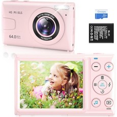 핑크 키즈 4K 디지털 카메라 사진 영상용 컴팩트 64MP 자동 카메라와 18배 줌 32GB TF 카드 포함 소년소녀 학생 선물용 빈티지 (핑크), Pink