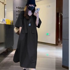 Queen V領寬鬆連衣裙 大尺碼顯瘦休閒裙, 黑色,2XL 建議【72-80公斤】