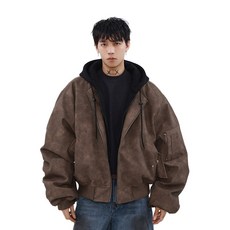 ANYOU 남성 봄 가죽 자켓 후드 집업 2in1 캐주얼 아우터