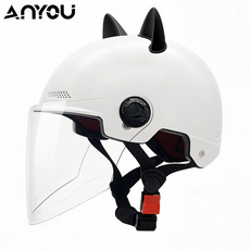 ANYOU 자외선 차단 고글 고양이 귀 안전 헬멧, 방풍 투명 긴 쉴드+화이트헬멧