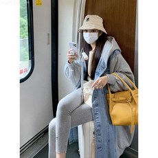 여성용 배색 오버핏 후드 데님 롱자켓