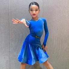 베니스타일 라틴 댄스 드레스 (여아용) 수입 벨벳 2피스 공식 대회 의상 프로페셔널 스탠다드, 01 맞춤 크기, 01 파란색