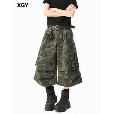 카모플라주 멀티포켓 워싱 데님 카고 쇼츠 7부 바지 와이드핏 복고풍 스트릿 캐주얼