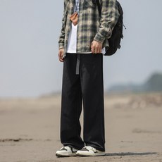 青少年復古純色休閒褲 純棉百搭抽繩運動褲 美式直筒工裝褲