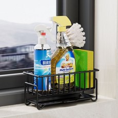 抹布掛桿 廚房多功能洗潔精水槽置物架 抹布臺面收納瀝水海綿鋼絲球, 黑色海綿架, 1個