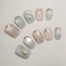 LTF 原創手工穿戴甲 玫瑰星雲裸粉漸變美甲, 1個, 溪光映翠 短方17mm左右 穿戴甲 M碼16 - 12 - 13 - 12 - 10扁平指甲寬的姐妹拍