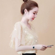 여성 레이스 블라우스 여름 여자 반팔